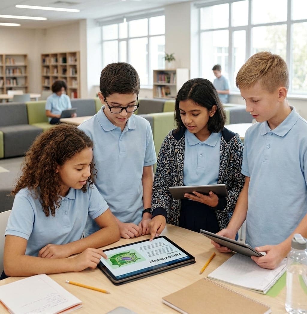 Estudiantes con uniforme escolar usando tablets durante una clase